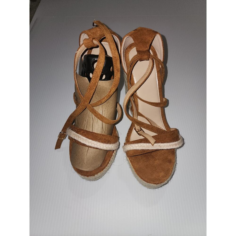 Strappy Espadrille Wedge Sandals Tan Faux Suede Sz 10 NWOT